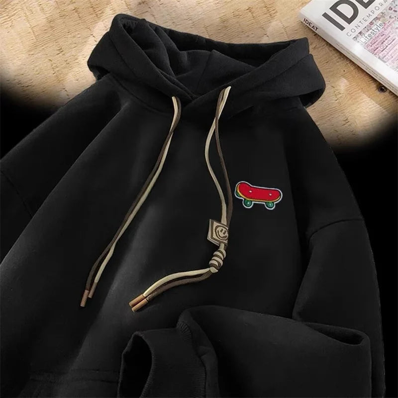 Embroidered Skateboard Patch Double Drawstring Fleece Hoodie 5