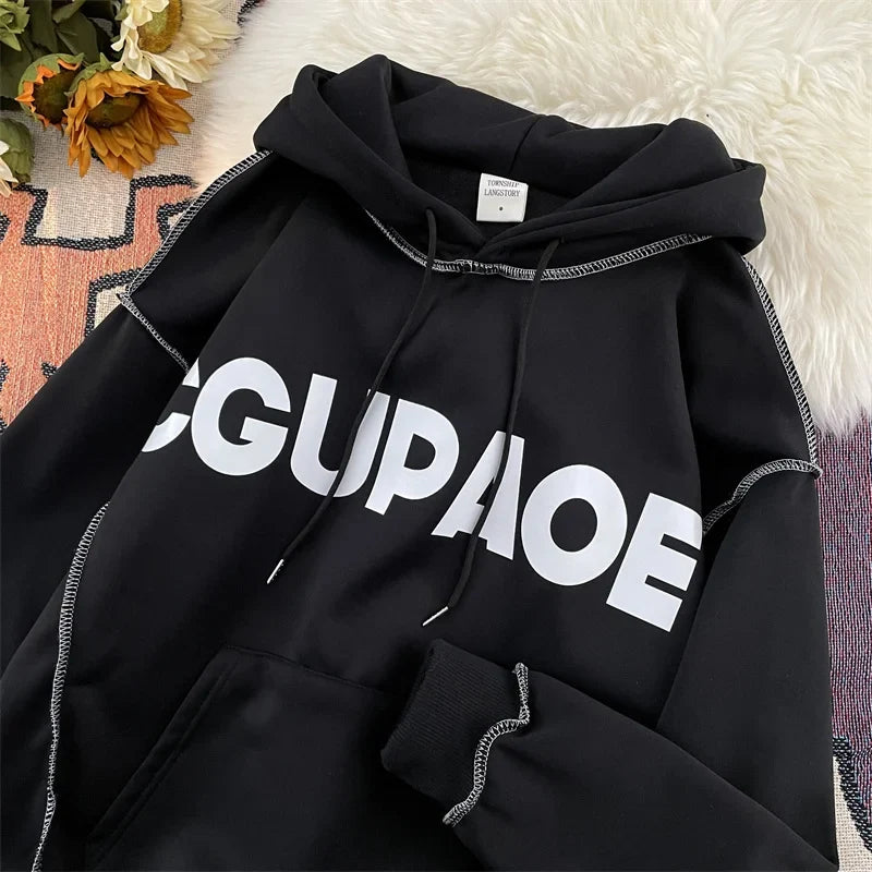 Letter Print Loose Fleece Hoodie