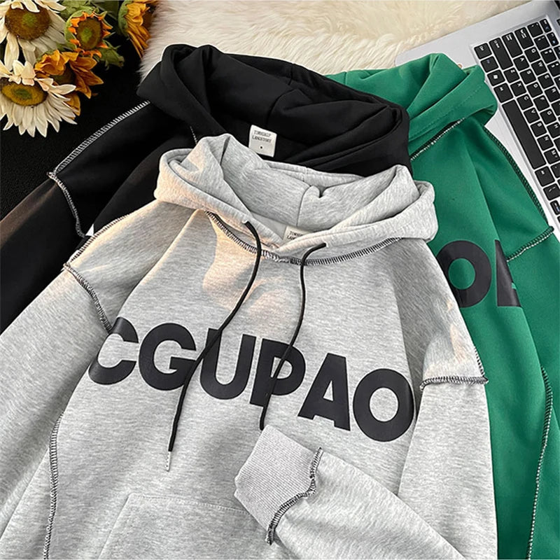 Bold Letter Print Contrast Stitch Kangaroo Pocket Hoodie