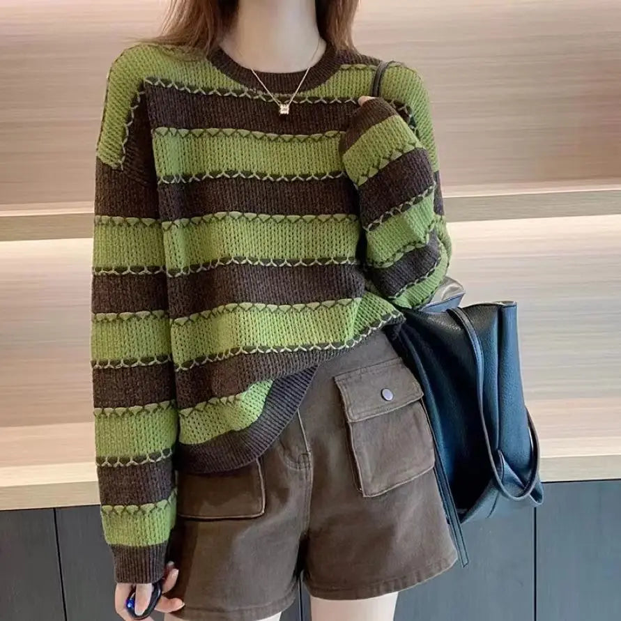 Striped Crew Neck Contrast Stitch Trim Textured Knit Sweater 2