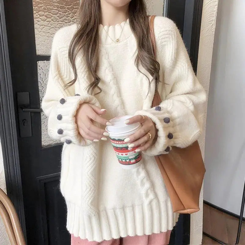 Crew Neck Cable Knit Pom Pom Cuff Oversized Sweater