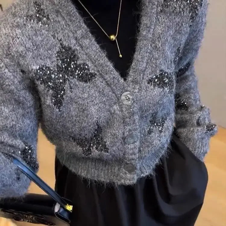 Fuzzy Knit V-Neck Sequin Butterfly Button Front Cropped Cardigan 4