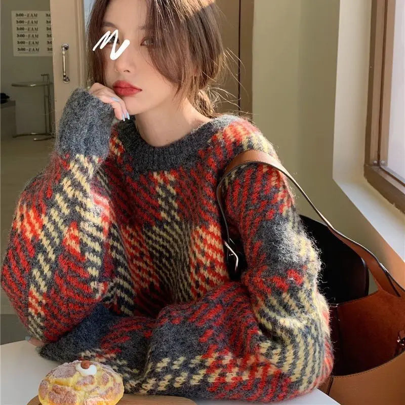 Plaid Jacquard Crew Neck Fuzzy Knit Oversized Sweater 3