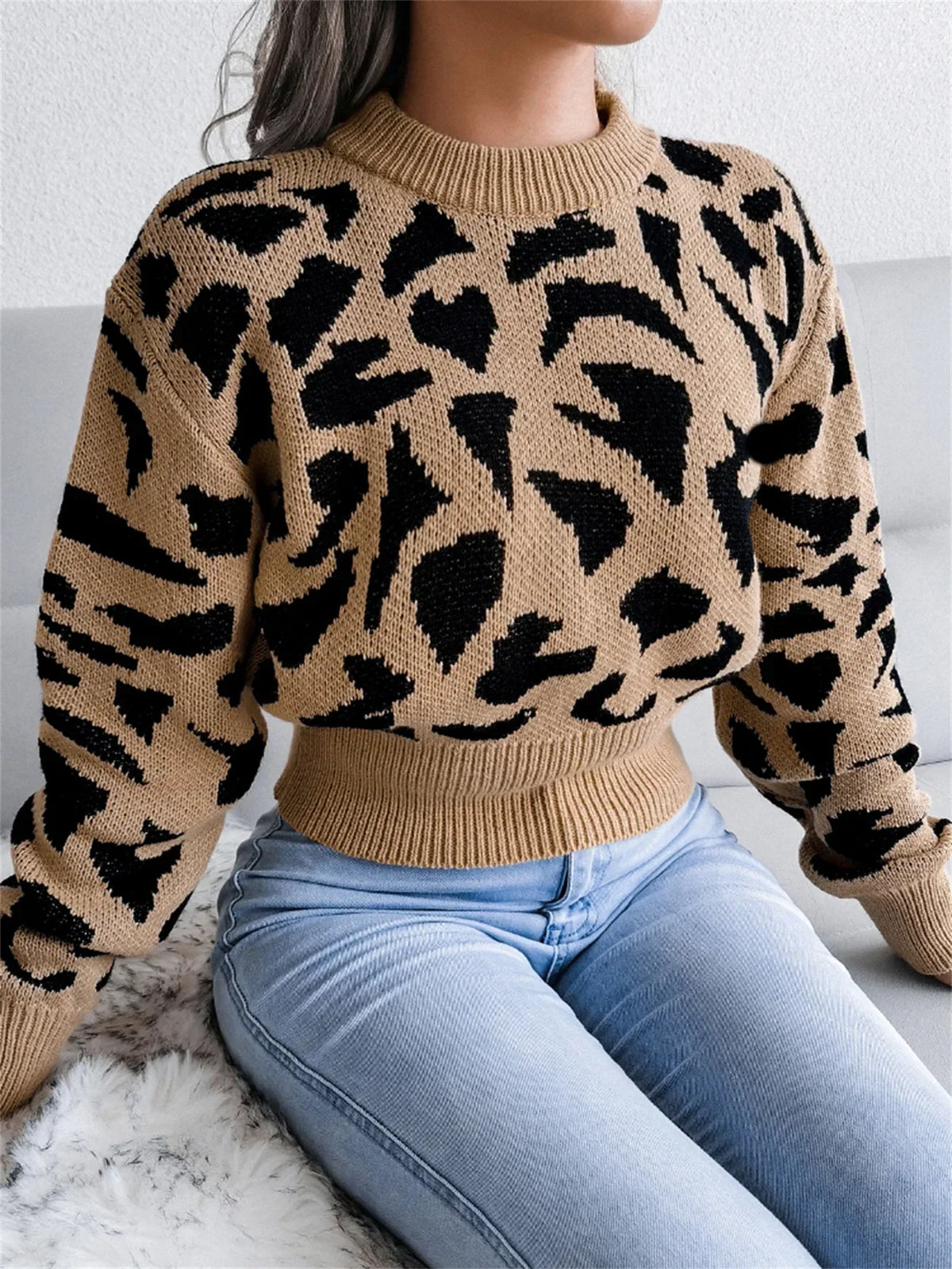 Leopard Print Crew Neck Drop Shoulder Ribbed Hem Cropped Sweater