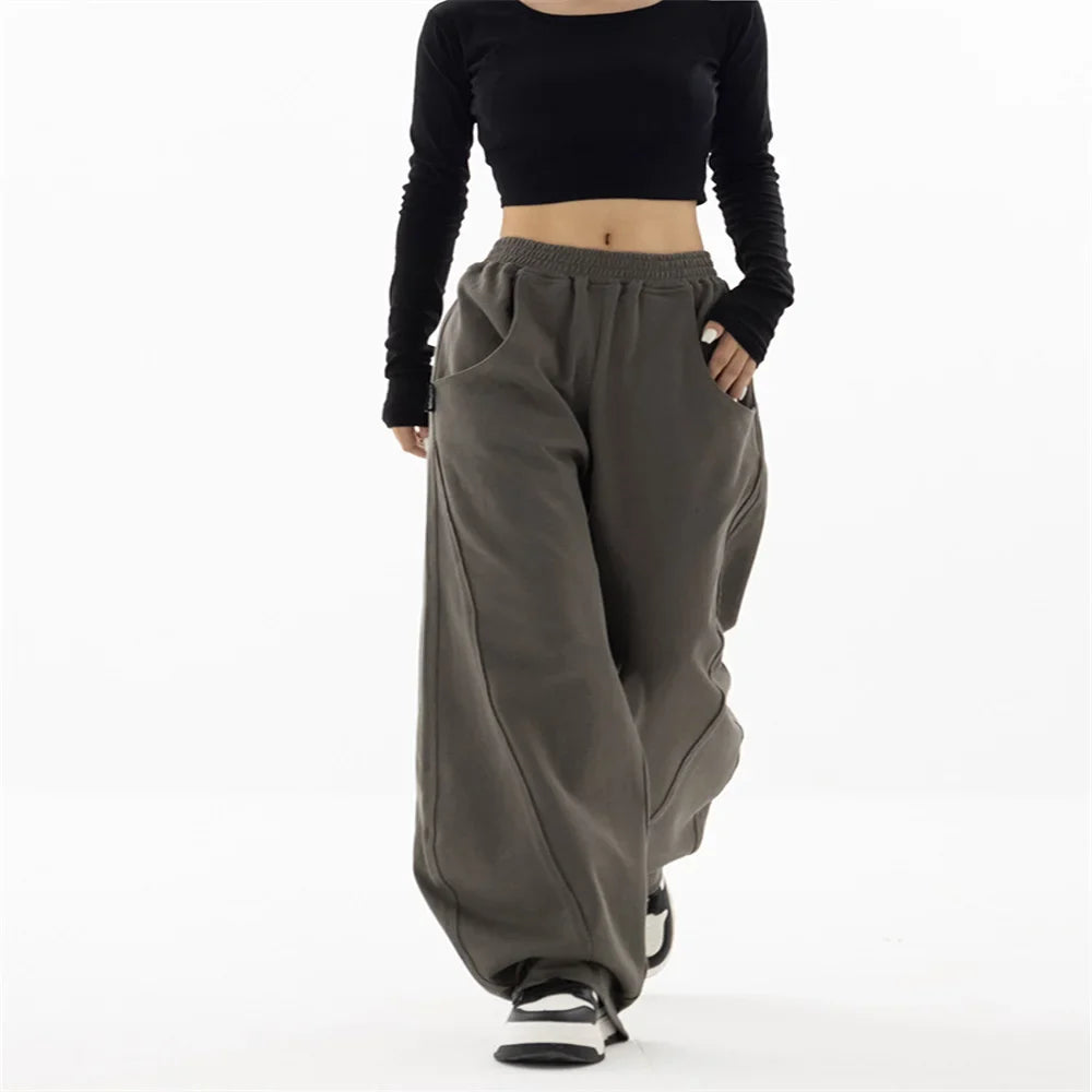 Straight Loose Wide Leg High Waist Streetwear Casual Black Gray Pants