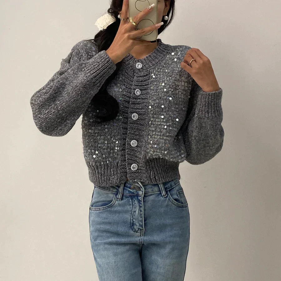 Crew Neck Long Sleeve Sequin Marled Knit Button Front Cardigan 6