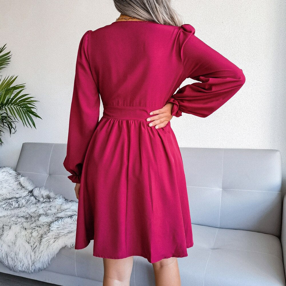 Deep V-Neck Puff Sleeve Ruched Waist A-Line Mini Dress