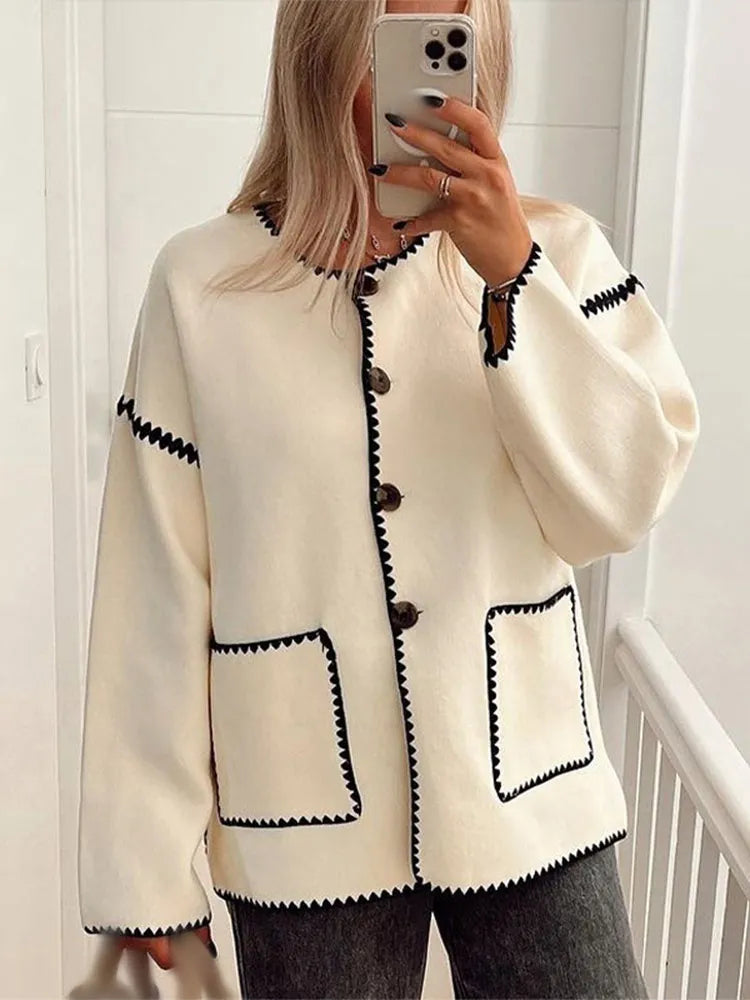 Contrast O Neck Loose Elegant Long Sleeves New Stylish Fashionable Coat