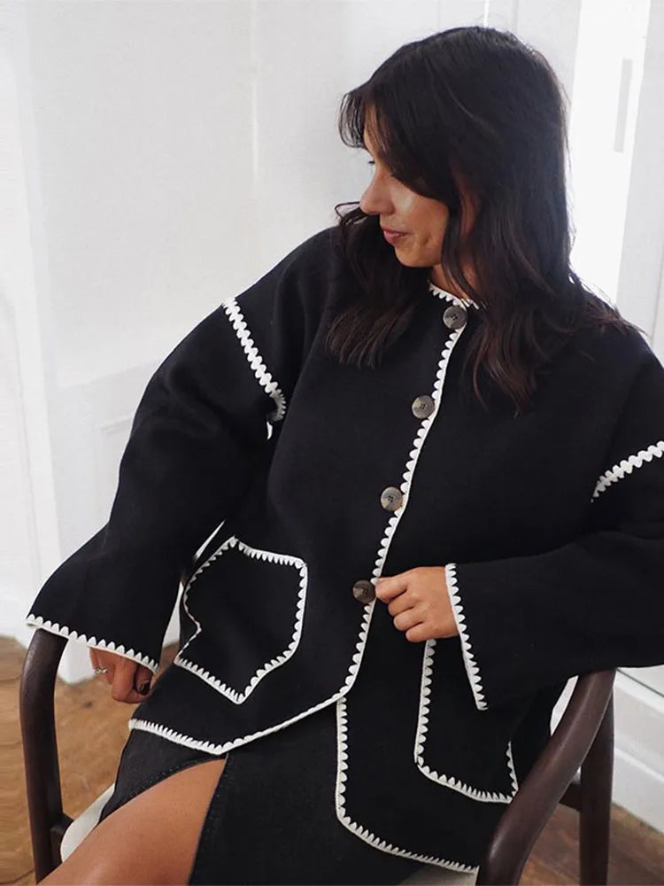 Contrast O Neck Loose Elegant Long Sleeves New Stylish Fashionable Coat