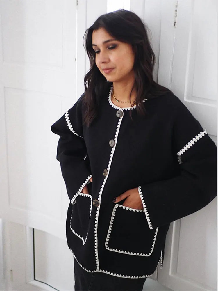Round Neck Contrast Whipstitch Trim Patch Pocket Button Front Jacket 3
