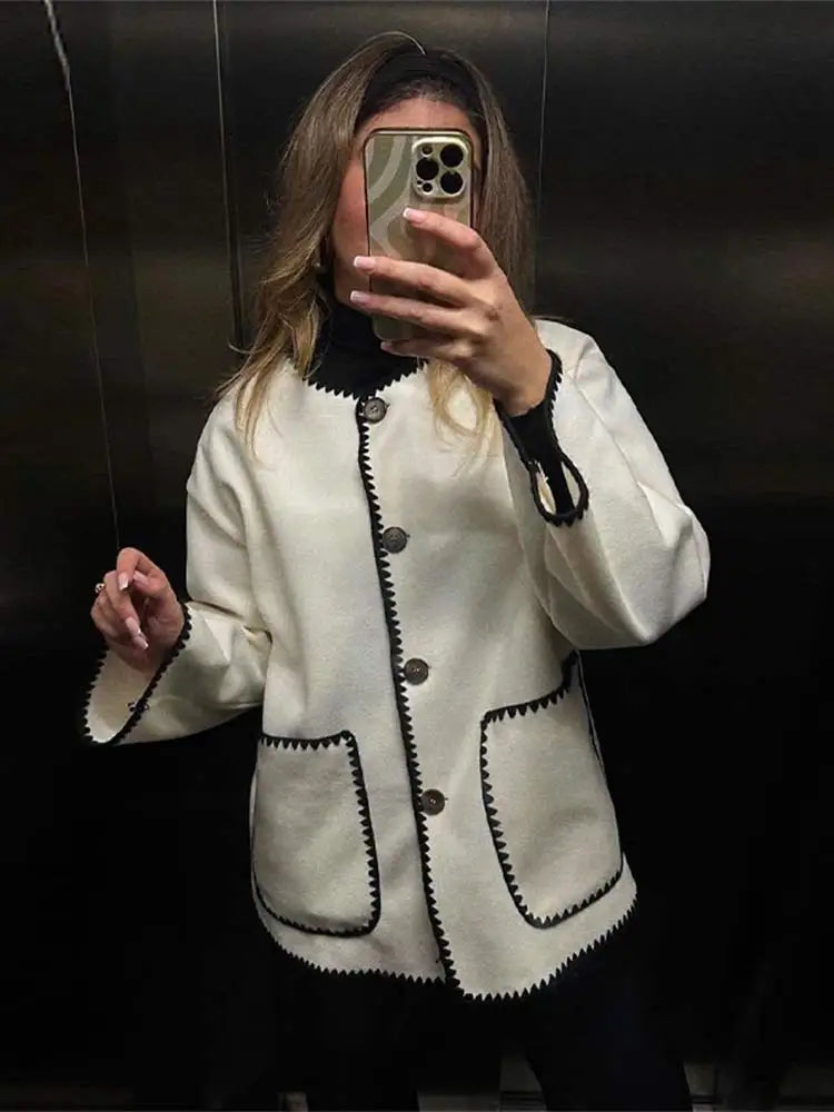 Round Neck Contrast Whipstitch Trim Patch Pocket Button Front Jacket 7