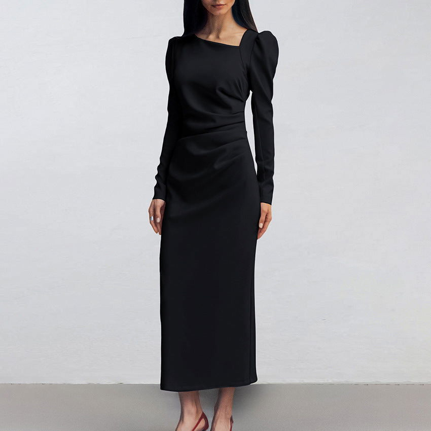 Casual Elegant Irregular Asymmetric Collar Puff Sleeve Tight Split Dress Khaki Maxi Dress