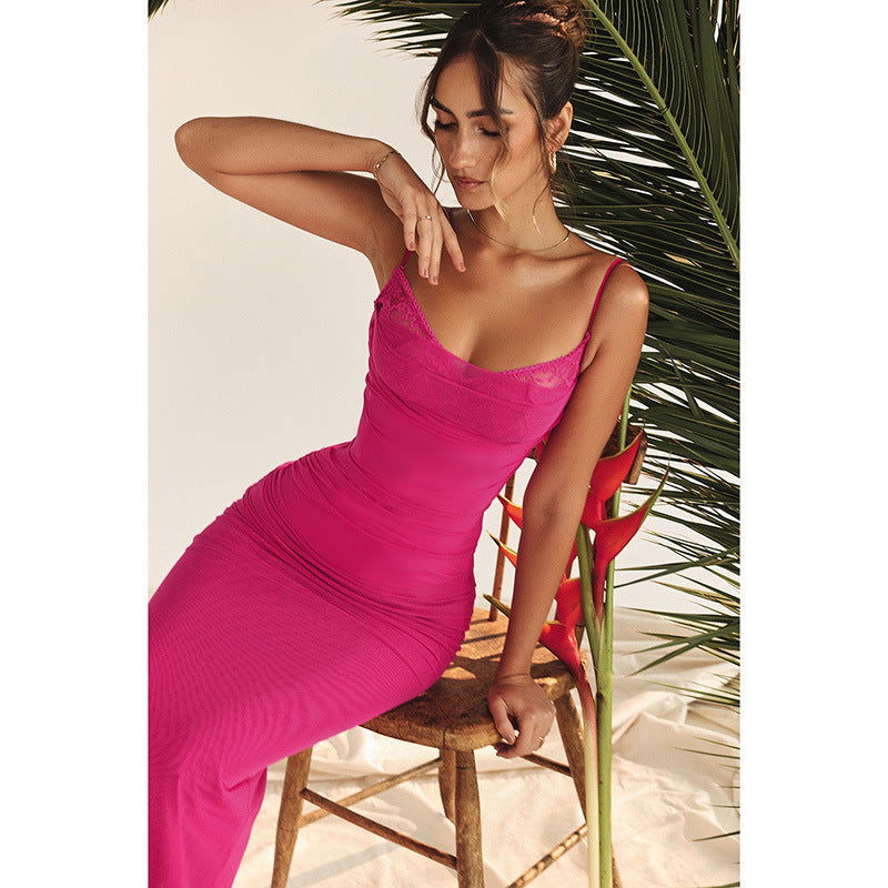 Ruched Lace Trim Scoop Neck Spaghetti Strap Mesh Overlay Maxi Dress