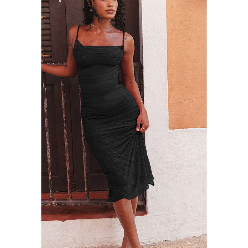 Ruched Lace Trim Scoop Neck Spaghetti Strap Mesh Overlay Maxi Dress