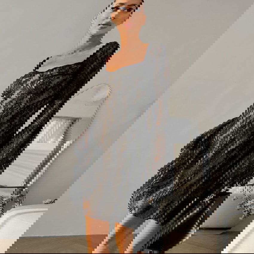 French Black Design Lace Hollow Out Cutout out Elegant Square Collar Puff Sleeve Slim Fit Tied