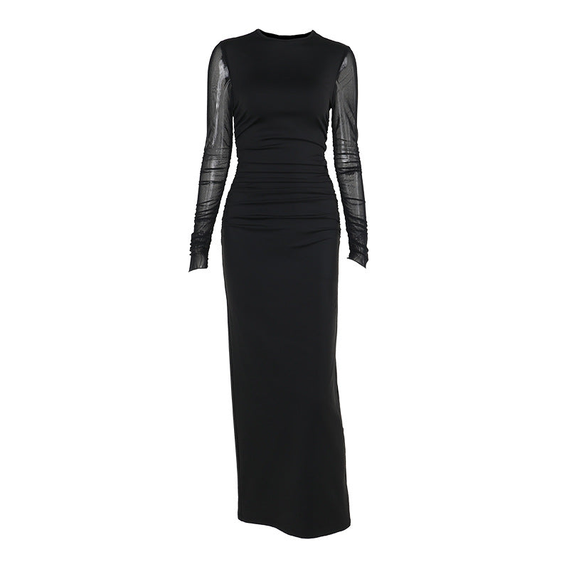 Mock Neck Ruched Mesh Long Sleeve Bodycon Maxi Dress