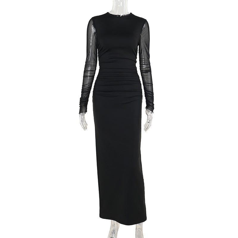 Mock Neck Ruched Mesh Long Sleeve Bodycon Maxi Dress