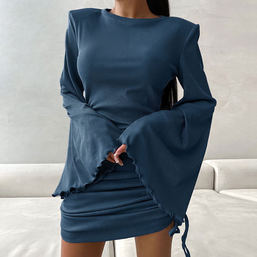 Knit Round Neck Lettuce Edge Bell Sleeve Ruched Side Tie Mini Dress
