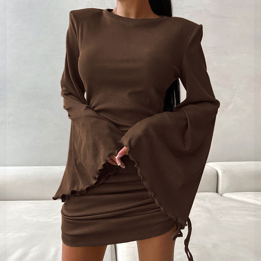 Knit Round Neck Lettuce Edge Bell Sleeve Ruched Side Tie Mini Dress