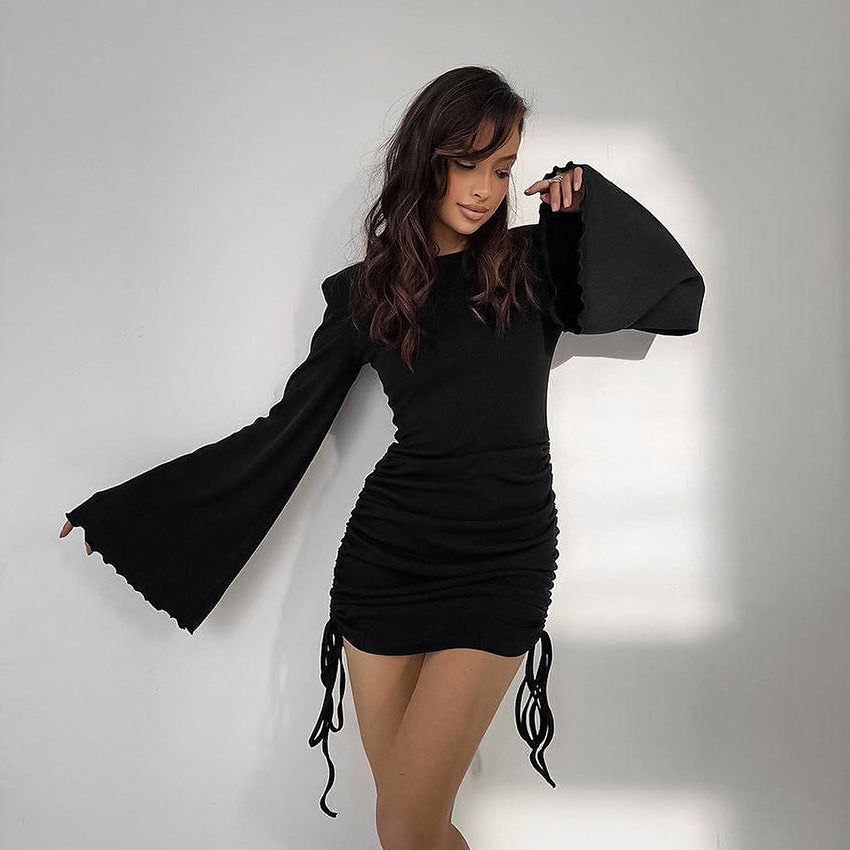 Knit Round Neck Lettuce Edge Bell Sleeve Ruched Side Tie Mini Dress