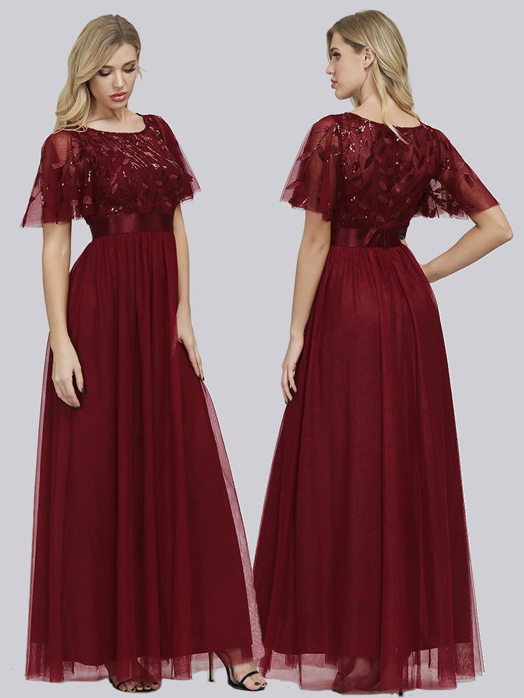 Sequin Scoop Neck Flutter Sleeve A-Line Tulle Maxi Dress