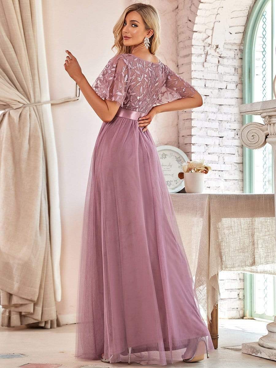 Sequin Scoop Neck Flutter Sleeve A-Line Tulle Maxi Dress