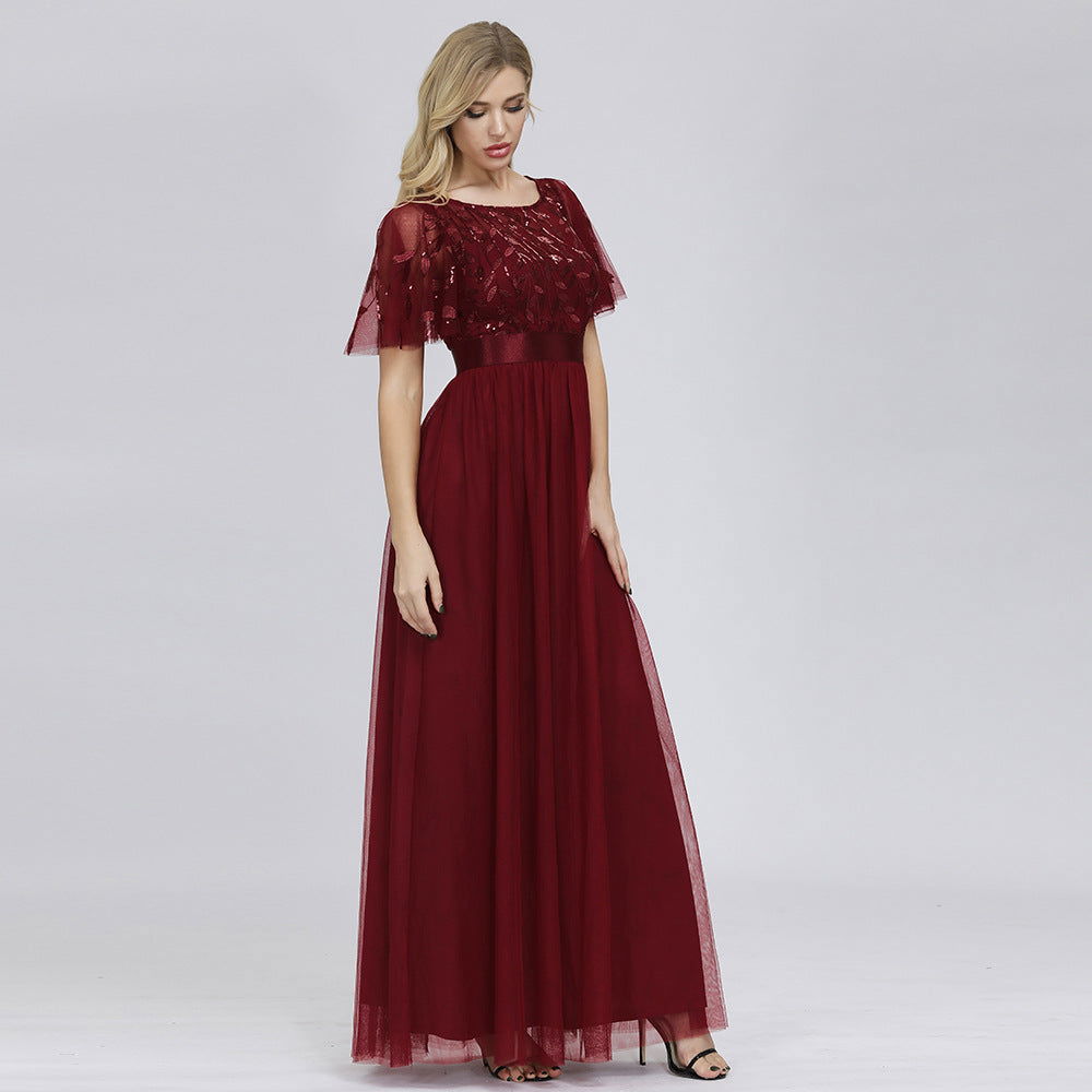 Sequin Scoop Neck Flutter Sleeve A-Line Tulle Maxi Dress