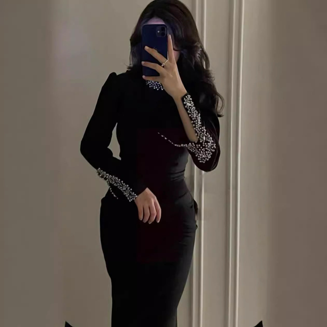 Selection Black Long Sleeve Rhinestone Split Bandage One Piece Dress