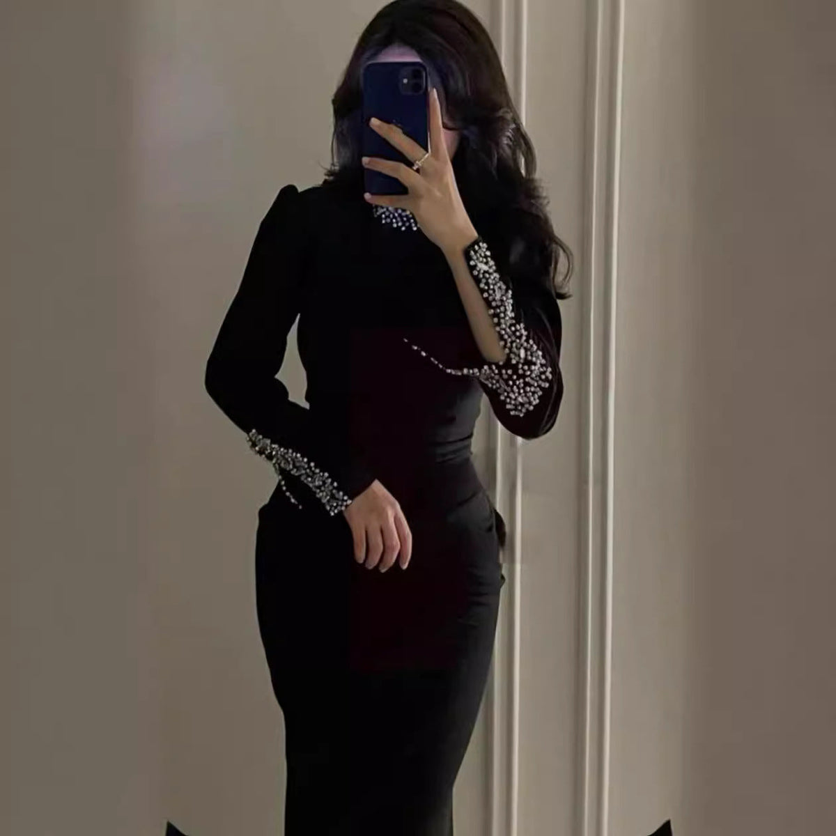 Mock Neck Long Sleeve Rhinestone Beaded Cuff Bodycon Maxi Dress