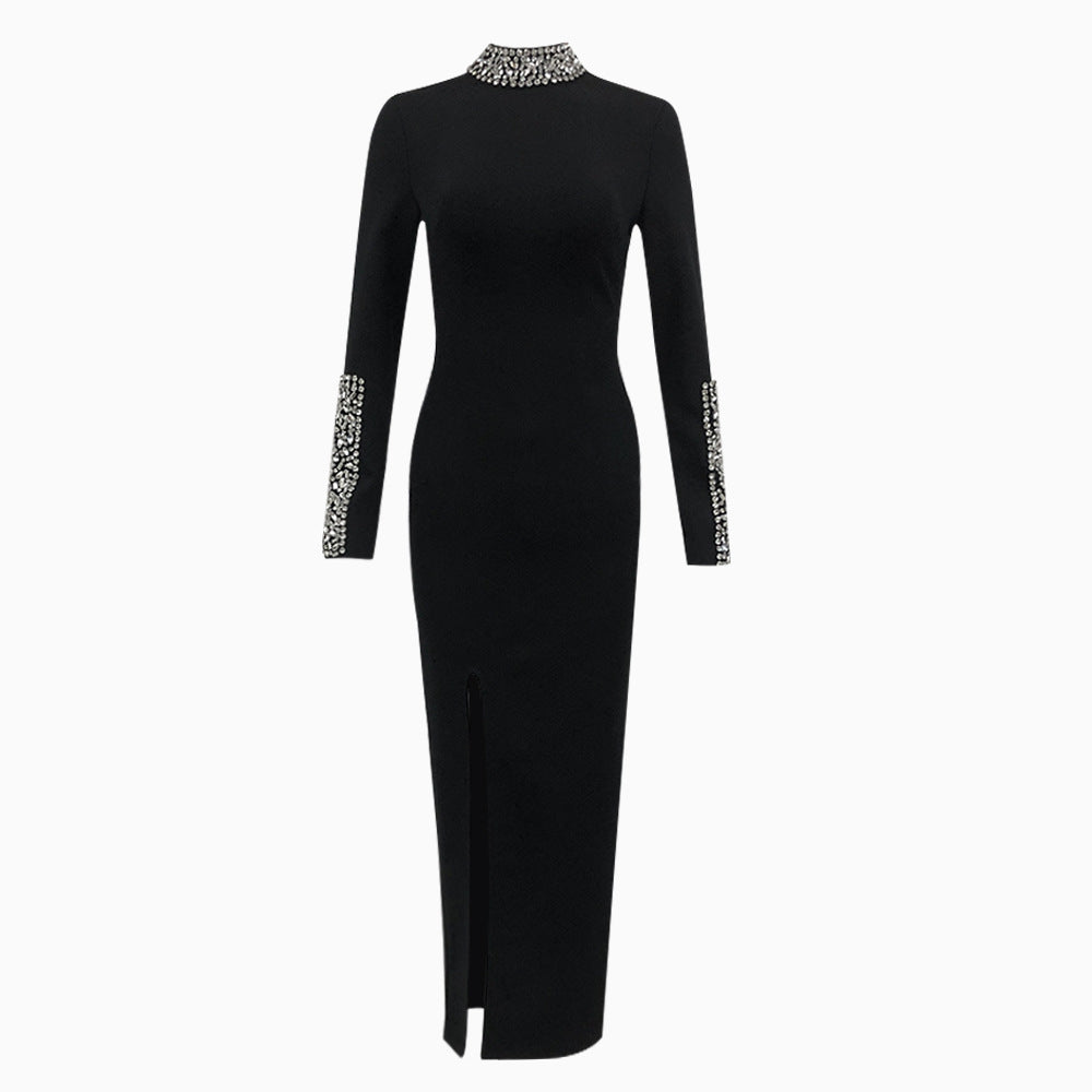 Mock Neck Long Sleeve Rhinestone Beaded Cuff Bodycon Maxi Dress 2