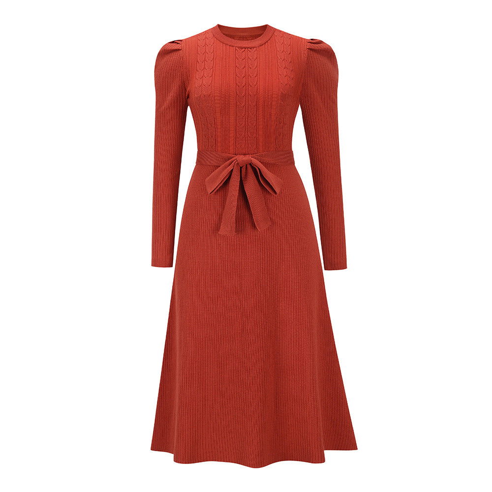 Bubble Long Sleeve Knitted Dress Mid - Length Elegant Slimming High Waist Big Swing Dress Base Sweater Dress