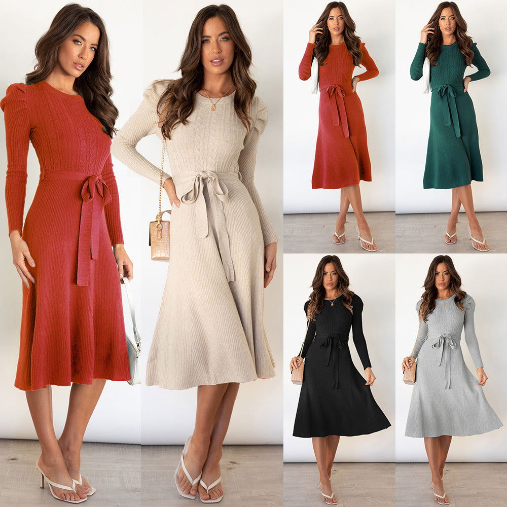 Bubble Long Sleeve Knitted Dress Mid - Length Elegant Slimming High Waist Big Swing Dress Base Sweater Dress