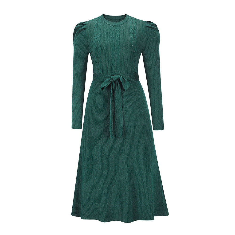 Bubble Long Sleeve Knitted Dress Mid - Length Elegant Slimming High Waist Big Swing Dress Base Sweater Dress