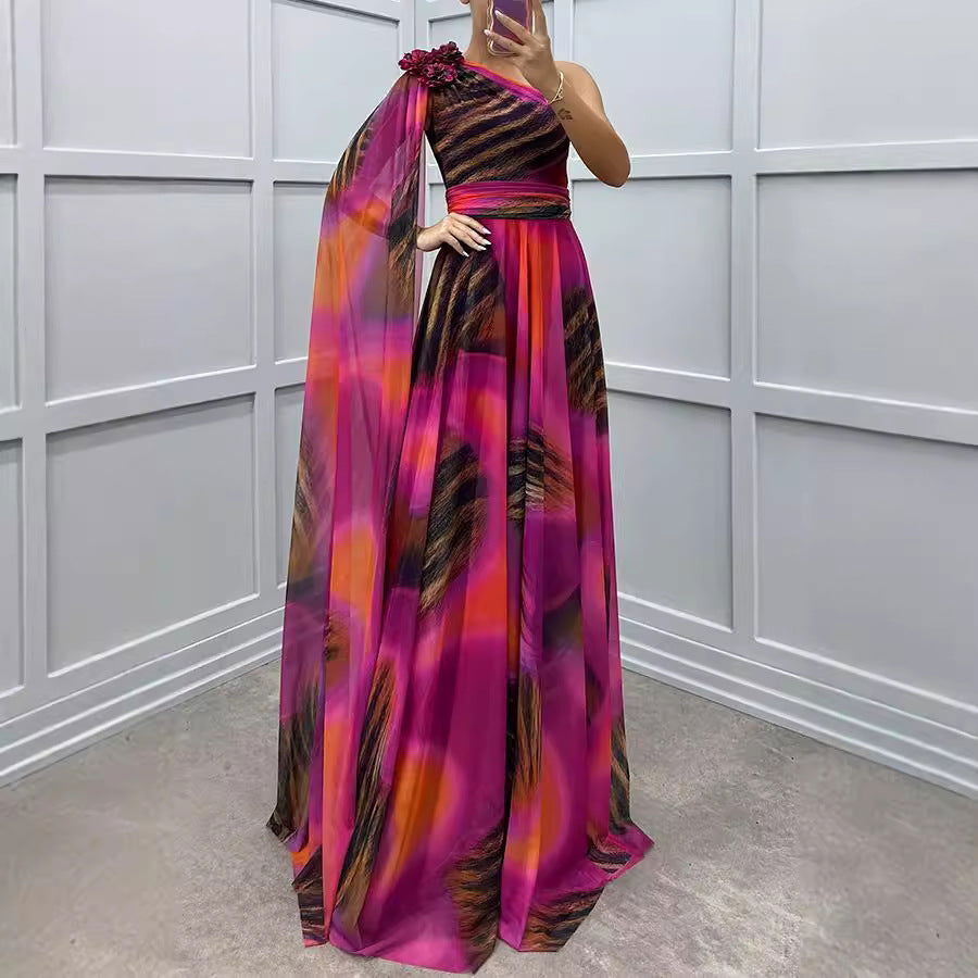 Chiffon One Shoulder Rosette Cape Sleeve A-Line Maxi Gown