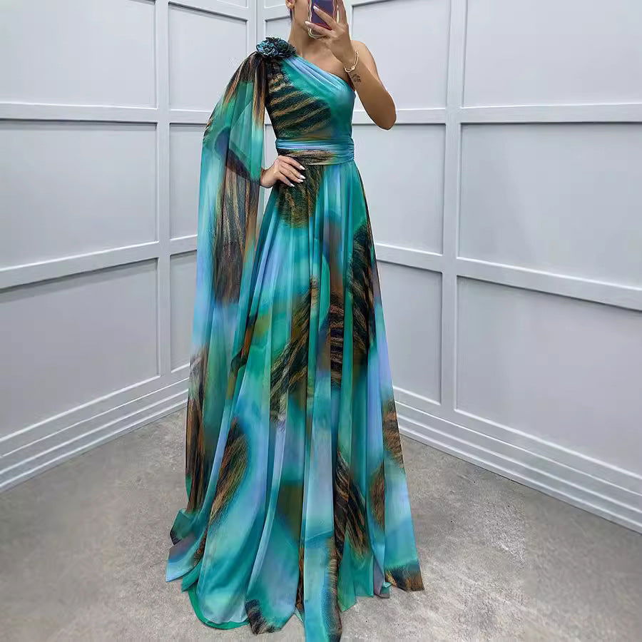 Chiffon One Shoulder Rosette Cape Sleeve A-Line Maxi Gown