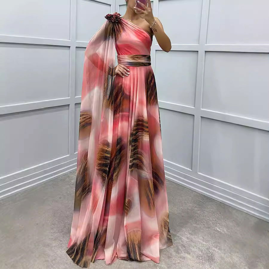 Chiffon One Shoulder Rosette Cape Sleeve A-Line Maxi Gown