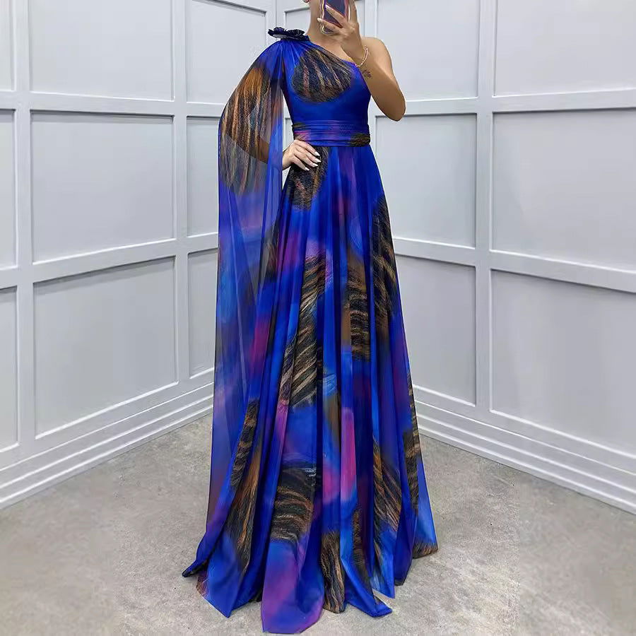 Chiffon Printed Sloping Shoulder Dress Casual Loose Party Dress