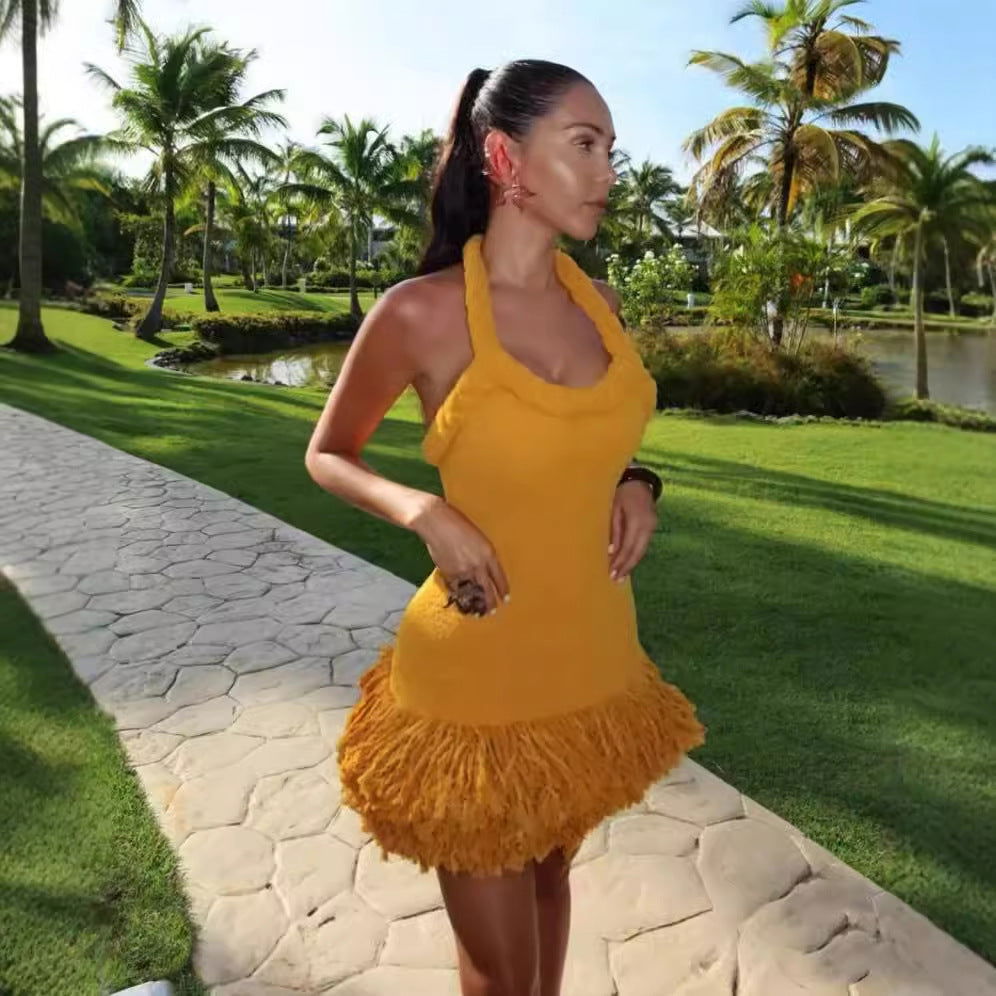Twine Rope Shoulder Strap Tassel Dress Swing Short Dress