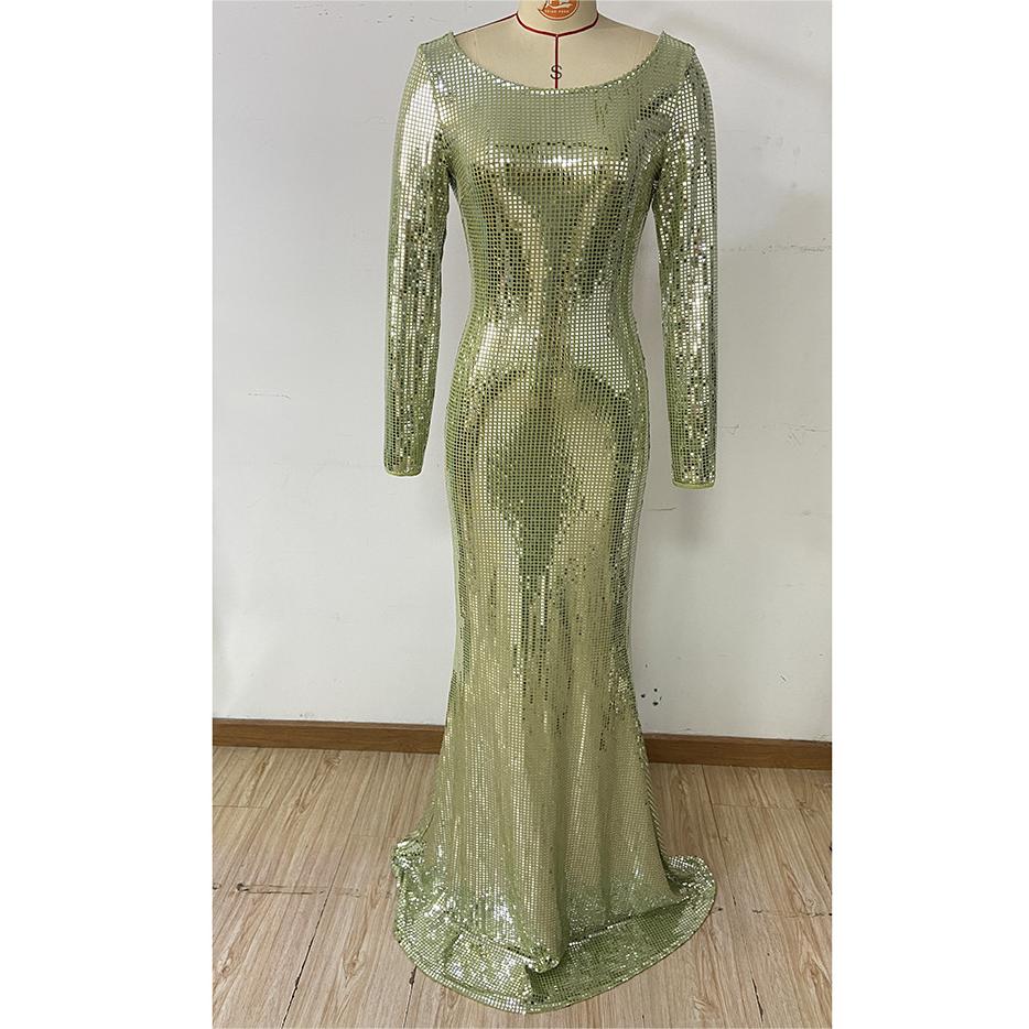 Sequin Round Neck Long Sleeve Mermaid Maxi Gown