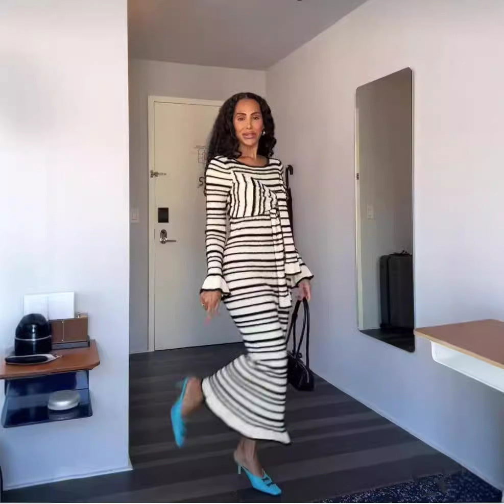 Knit Stripe Scoop Neck Chest Bow Bell Sleeve Maxi Dress