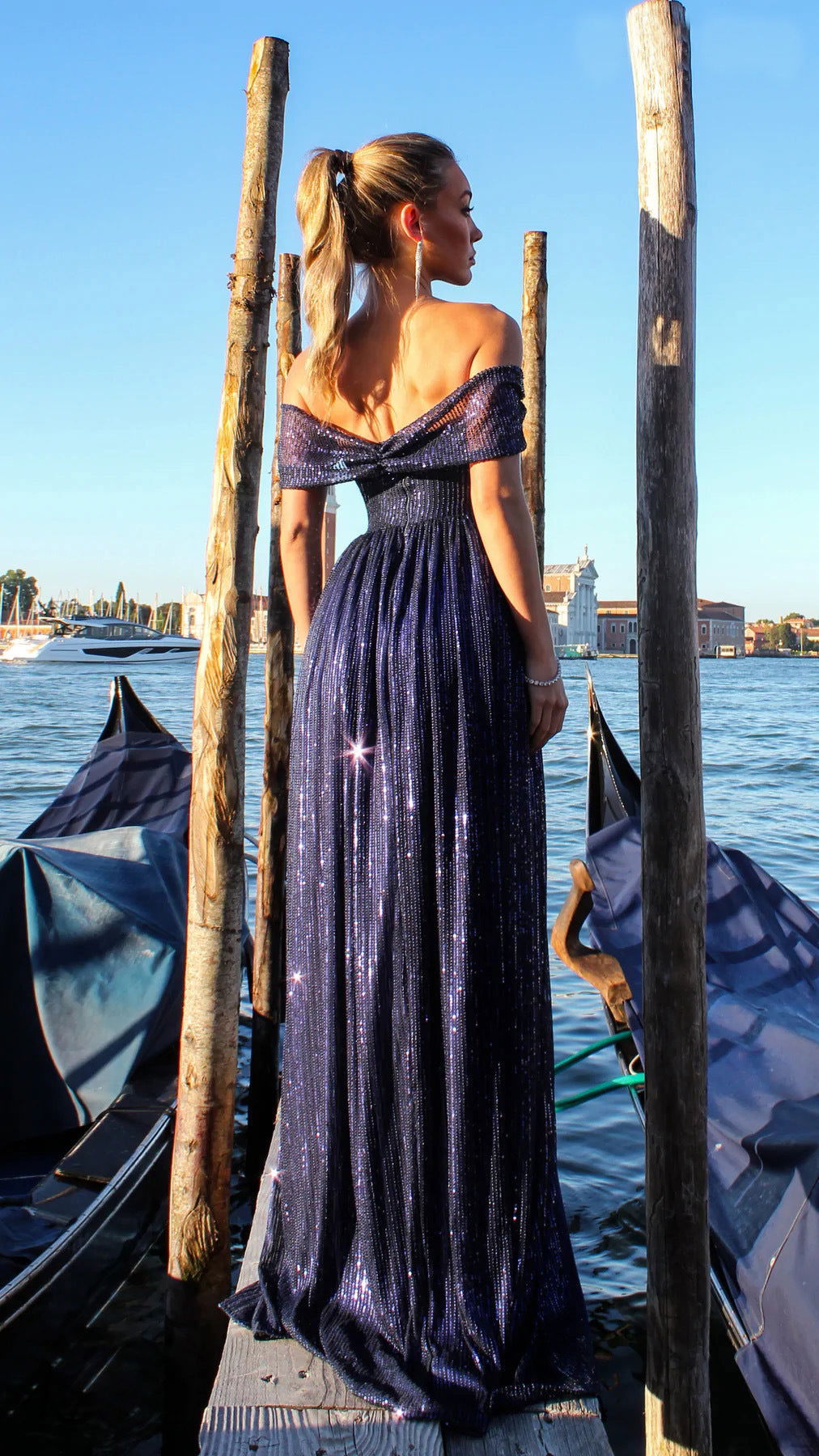 Sequin Off Shoulder Sweetheart Ruched Bodice High Split Maxi Gown