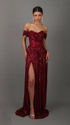 Sequin Off Shoulder Sweetheart Ruched Bodice High Split Maxi Gown