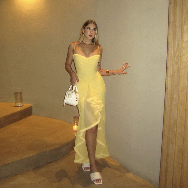Backless Mesh Strap Dress Solid Color Slim Fit Dress - View 3