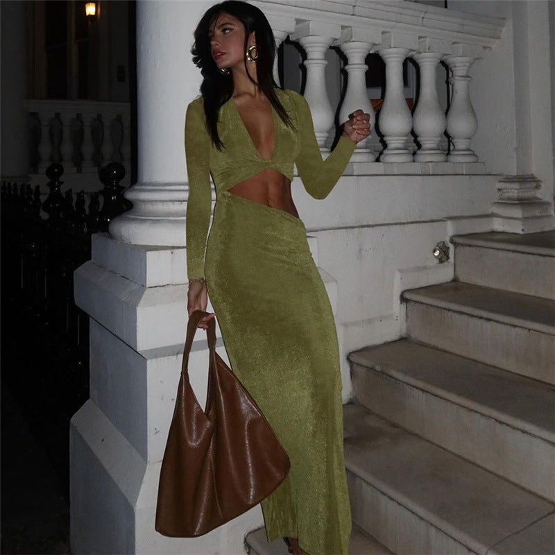 Deep V Plunge neck Solid Color Slim Fit Sheath Long Sleeve