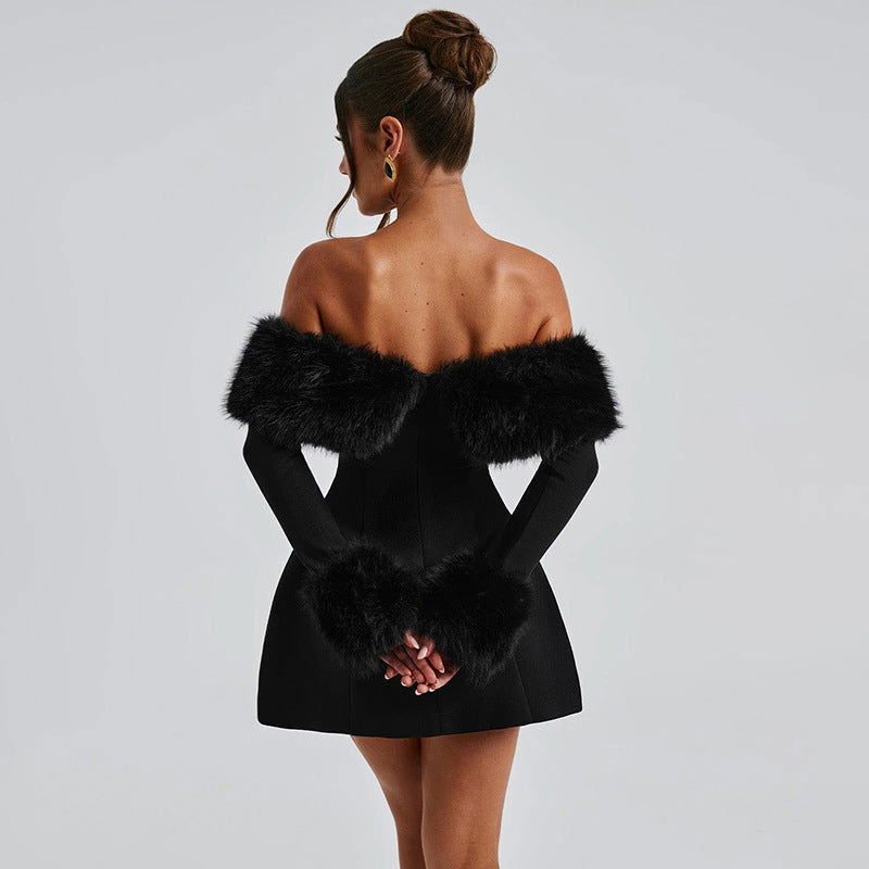 Fur Collar off Shoulder Slim Slimming A line Dress