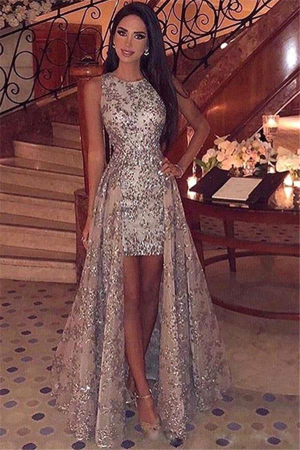 Sequin Lace Sleeveless Round Neck Open Front Overskirt Mini Gown