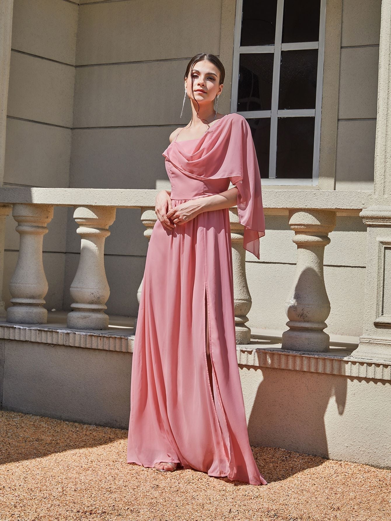 One Shoulder Cowl Cape Sleeve High Split Chiffon Maxi Gown