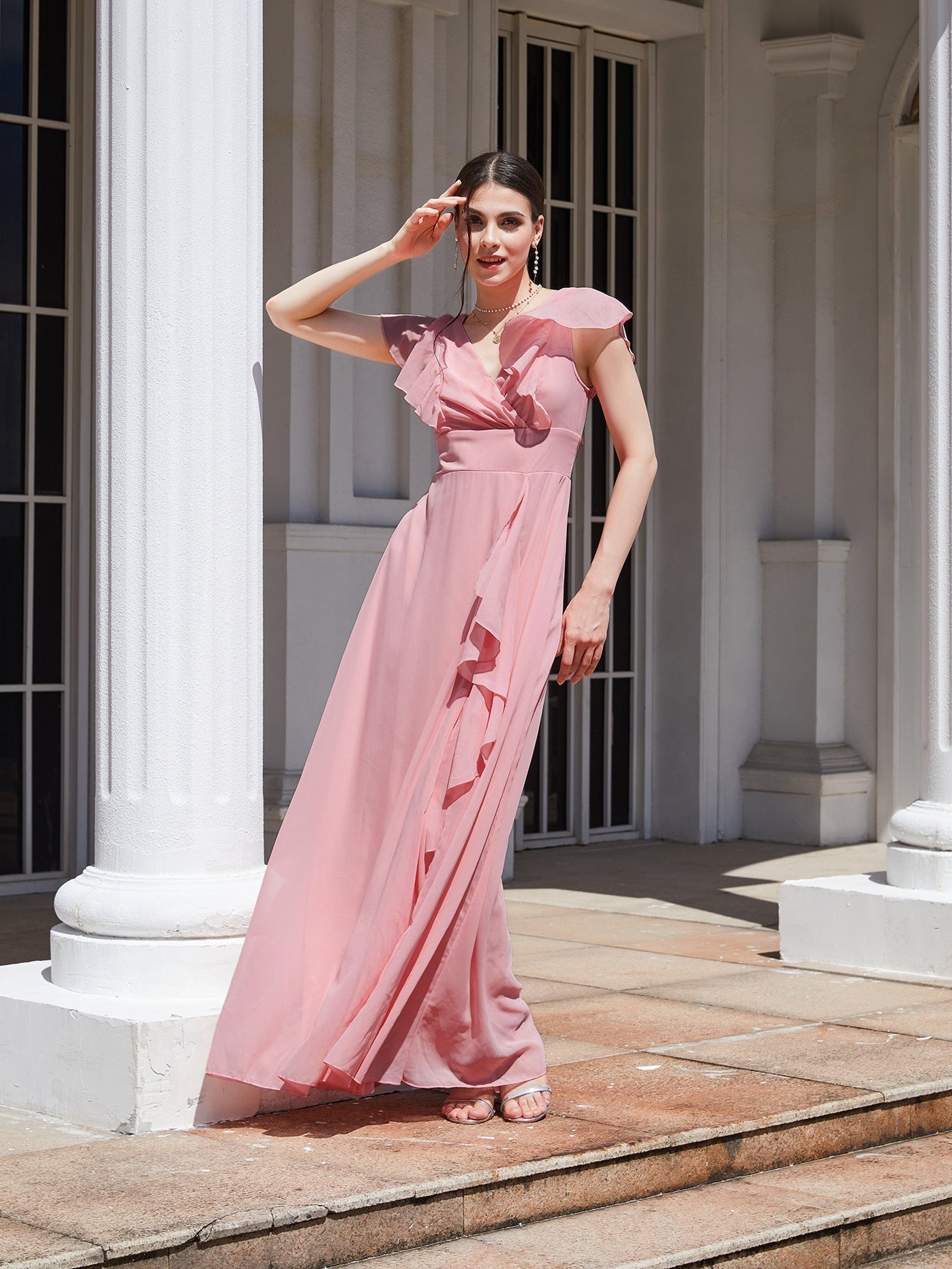 Chiffon V-Neck Ruffle Sleeve Cascade A-Line Maxi Bridesmaid Dress