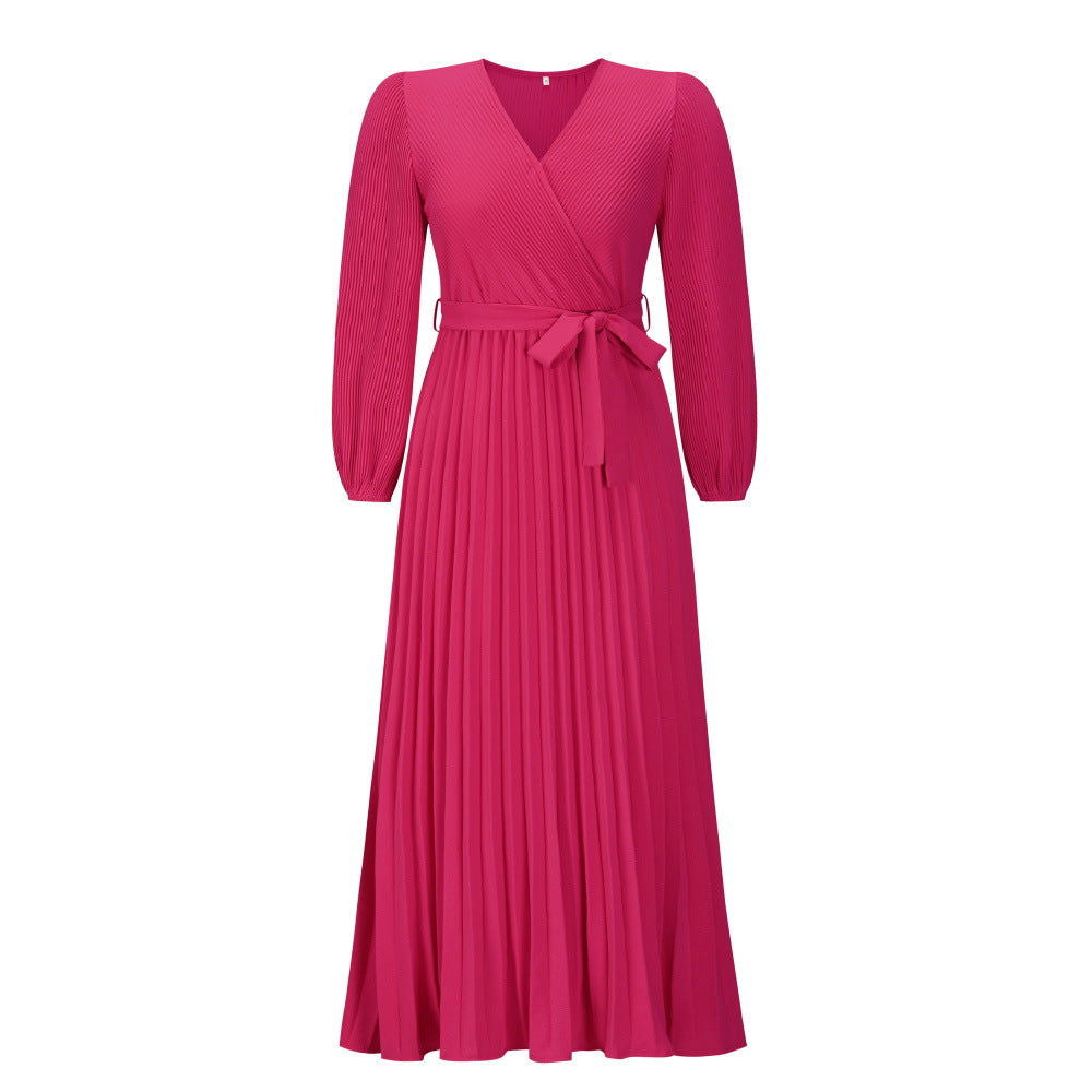 V neck Long Sleeve Pleated A line Mid Length Dress
