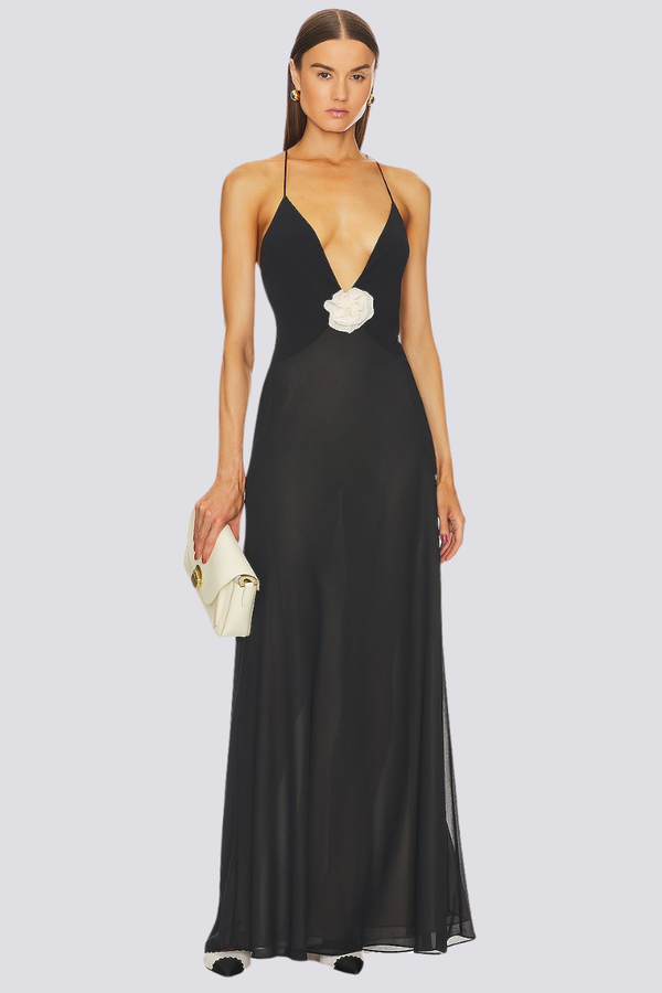 Spaghetti Strap Deep V-Neck Floral Rosette Waist Chiffon Maxi Gown